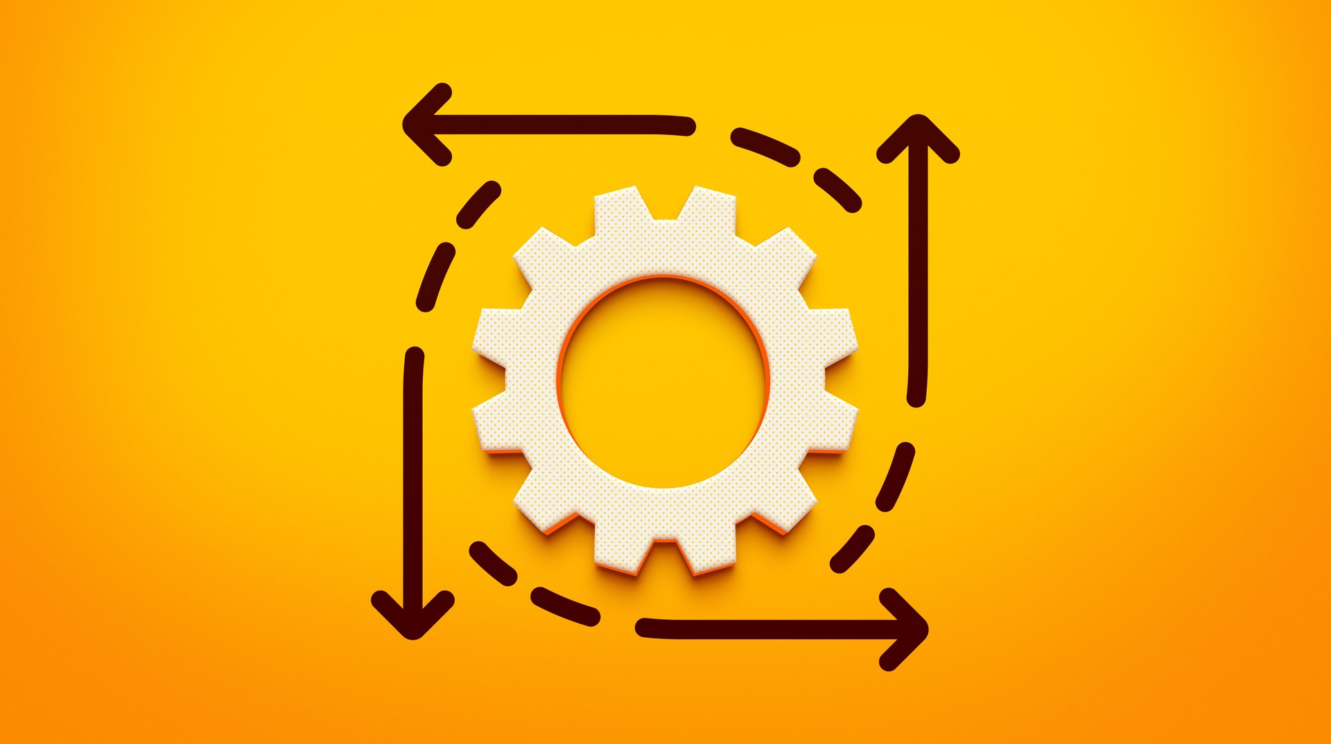 Integration Concept with 3D Gear and Arrows Representing Process Flow – 3D Rendering.